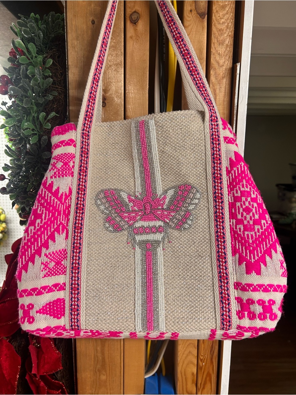 Handwoven Pink & Cream Tote Bag with Embroidered Accent